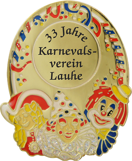 Karnevalsabzeichen Gold "Ovales Schild mit Deko"